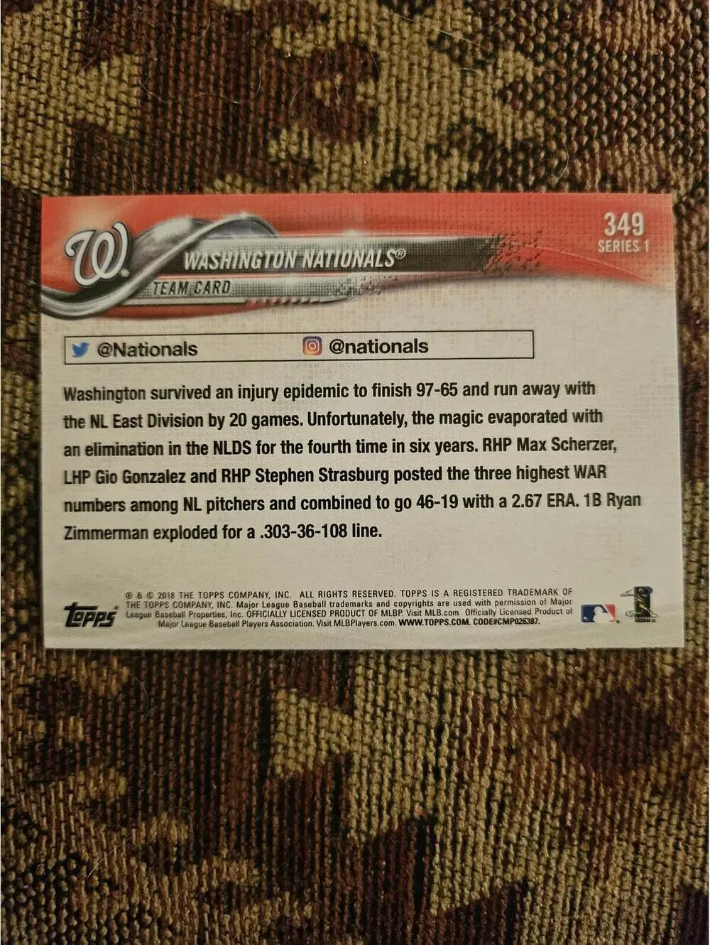 Bryce Harper - 2018 Topps #349 - Nationals team card - RAW Mint